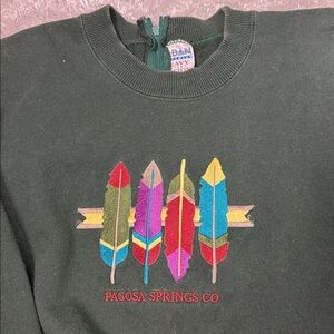 Vintage feather embroidered sweatshirt heavy duty sz XL green pagosa springs CO